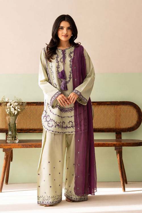 Ameli 3PC - Sage Ivory Embroidered Lawn 3 Piece Suit - Alif Clothings