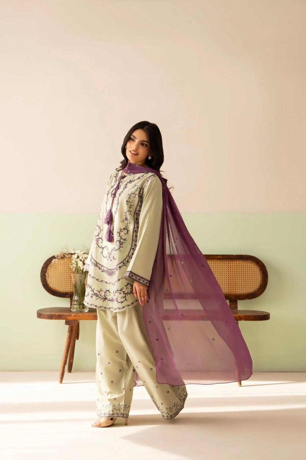 Ameli 3PC neckline embroidery detail - Alif Clothings