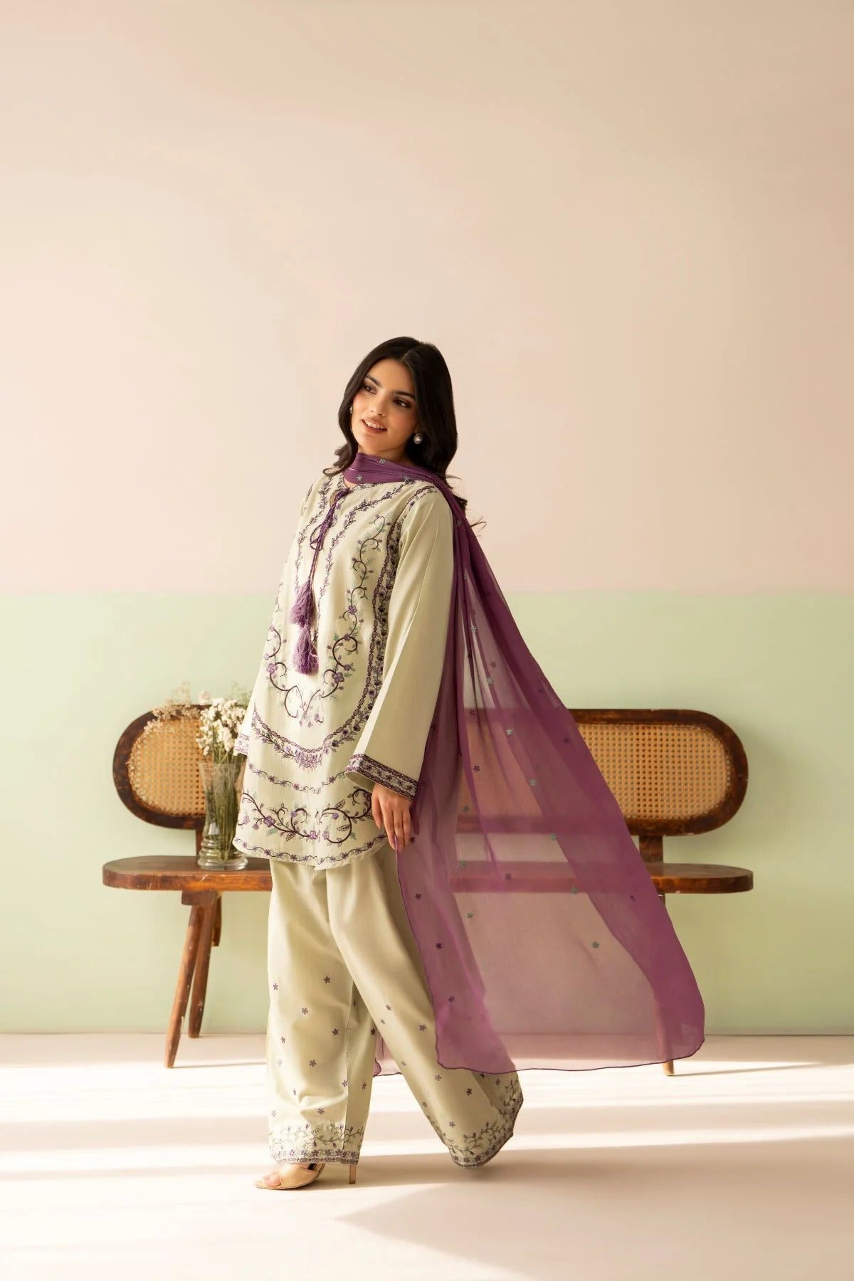Ameli 3PC neckline embroidery detail - Alif Clothings