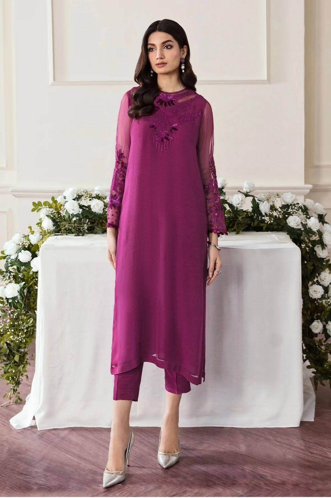 Purple Chiffon 3-Piece Outfit with Sequined Embellishments - Purple Chiffon 3 Piece Suit - Pakistani Women's Suit | Alif Clothings