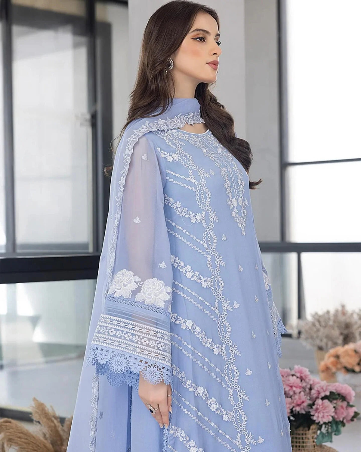 Fairy Glow Sky Blue Organza Ensemble - front view - Pakistani Women's Suit | Alif Clothings