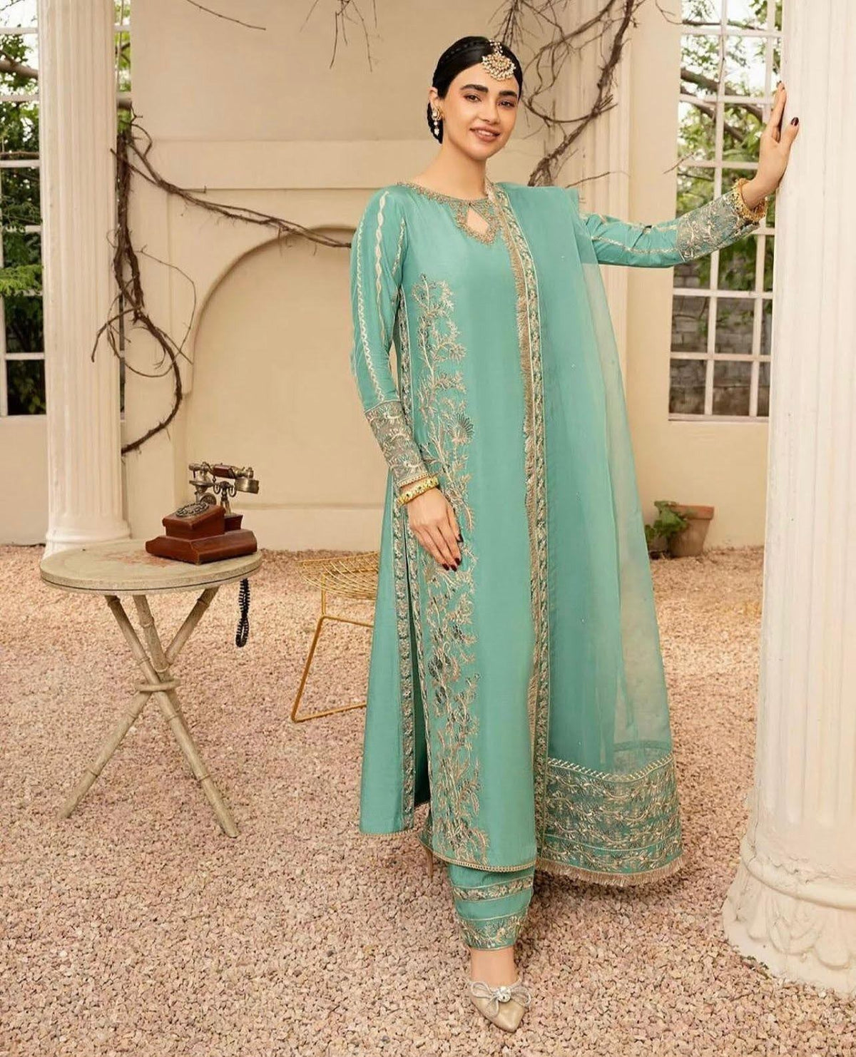 Serene Turquoise Khaddi Silk Ensemble - front view - Pakistani Women's Suit | Alif Clothings