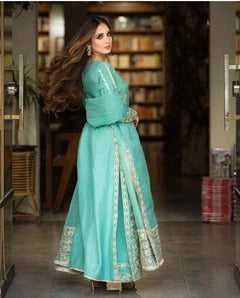 Serene Turquoise Khaddi Silk Ensemble - close-up embroidery detail - Pakistani Women's Suit | Alif Clothings