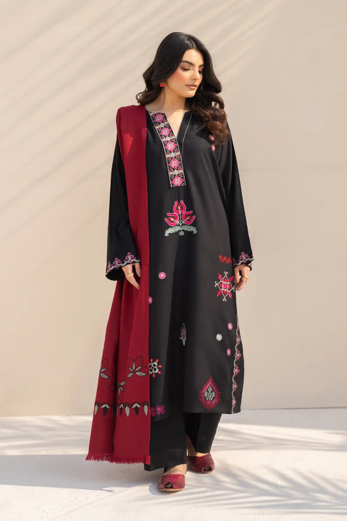 Aleena 3PC - Black Dhanak 3 Piece Suit - Pakistani Women's Suit | Alif Clothings