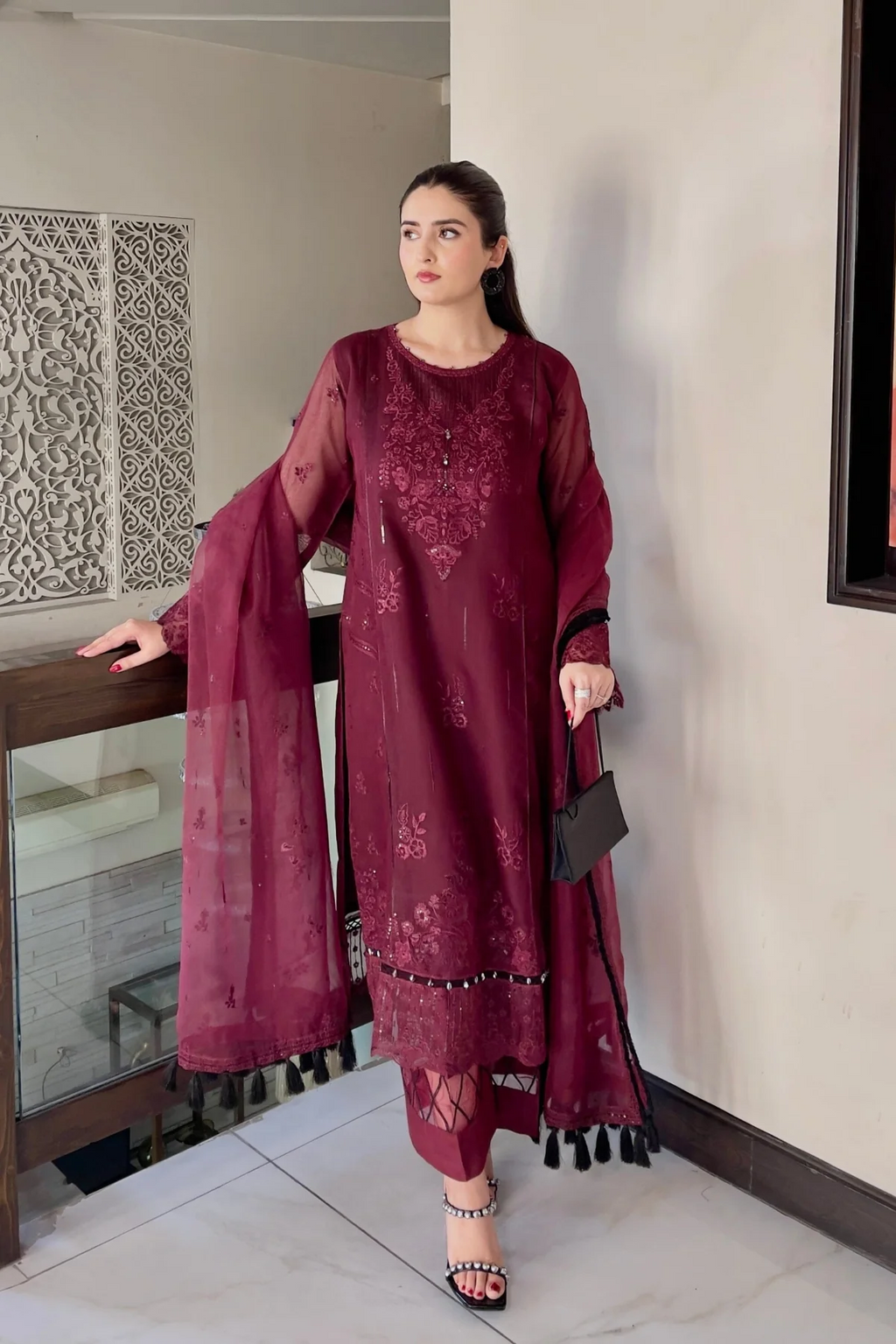 Shahana 3PC - close-up embroidery detail - Pakistani Women's Suit | Alif Clothings