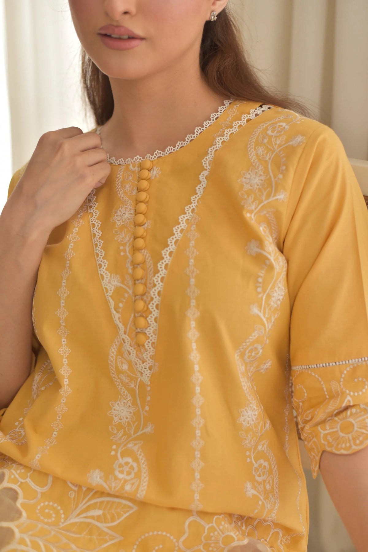 Lemon 3PC - close-up embroidery detail - Pakistani Women's Suit | Alif Clothings