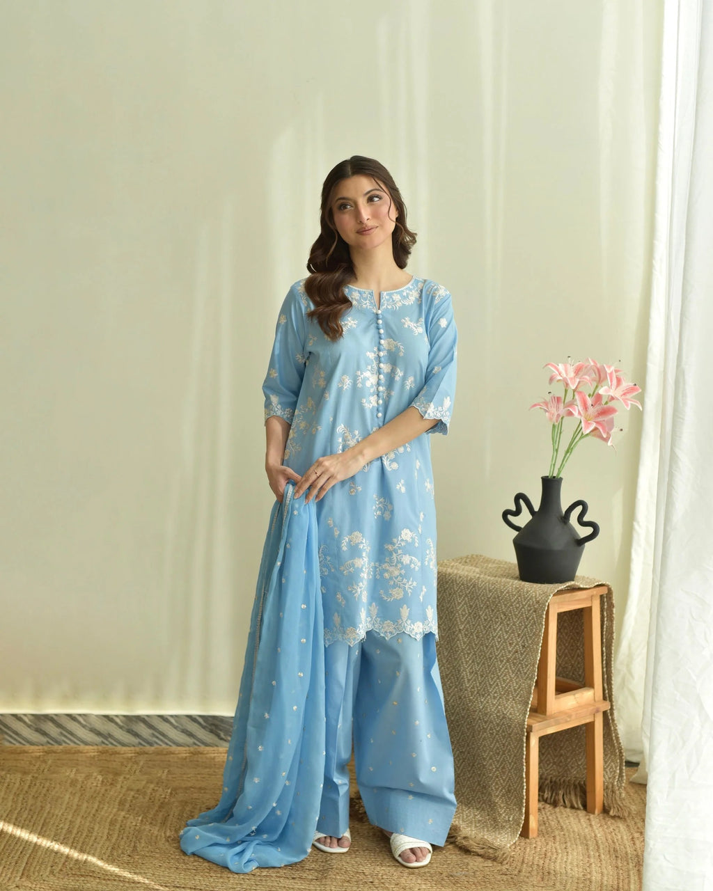 Sky Farshi Set 3PC - front view - Pakistani Women's Suit | Alif Clothings