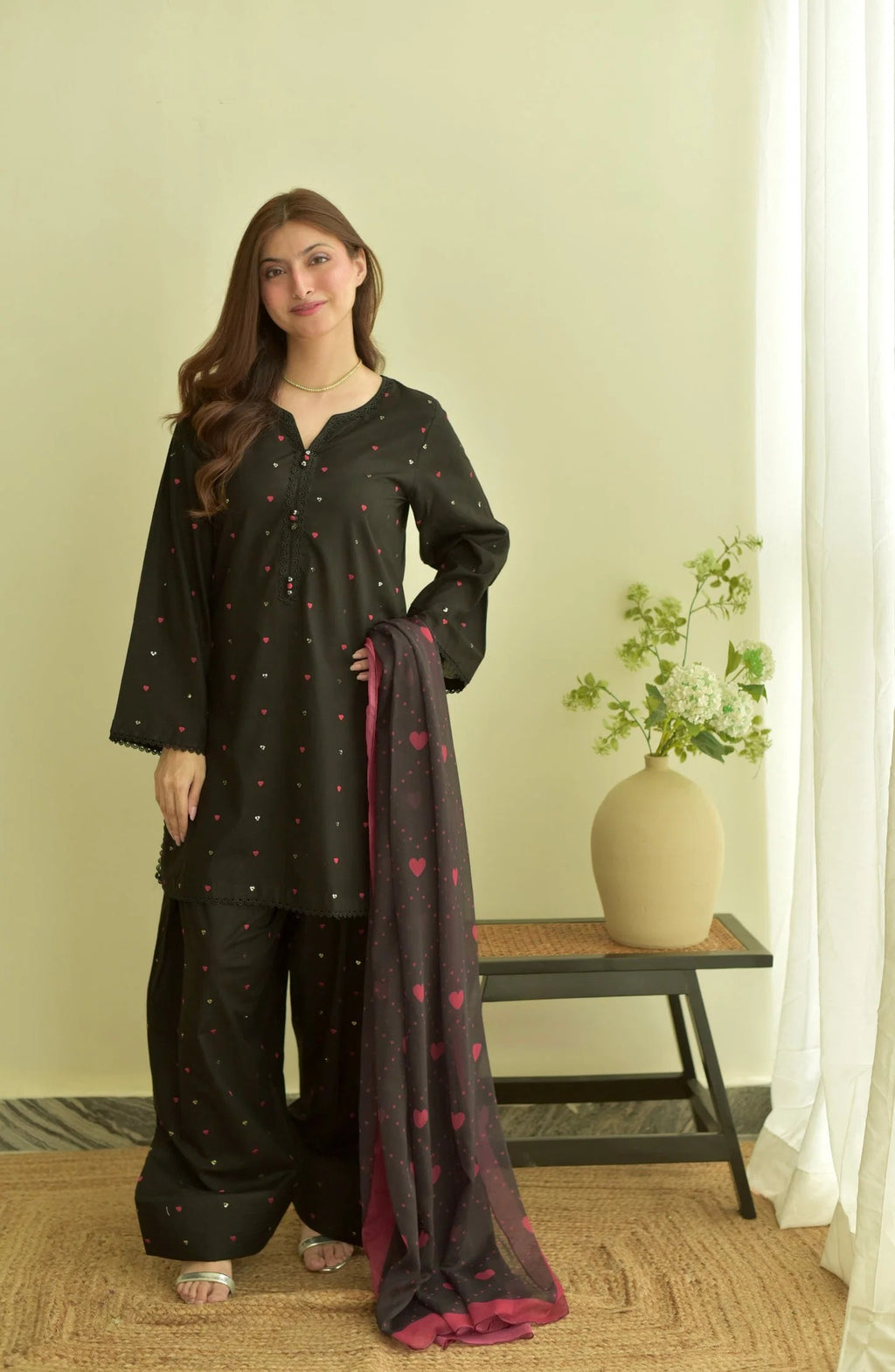 Black Hearts Farshi - Cotton 3 Piece Suit - Pakistani Women's Suit | Alif Clothings