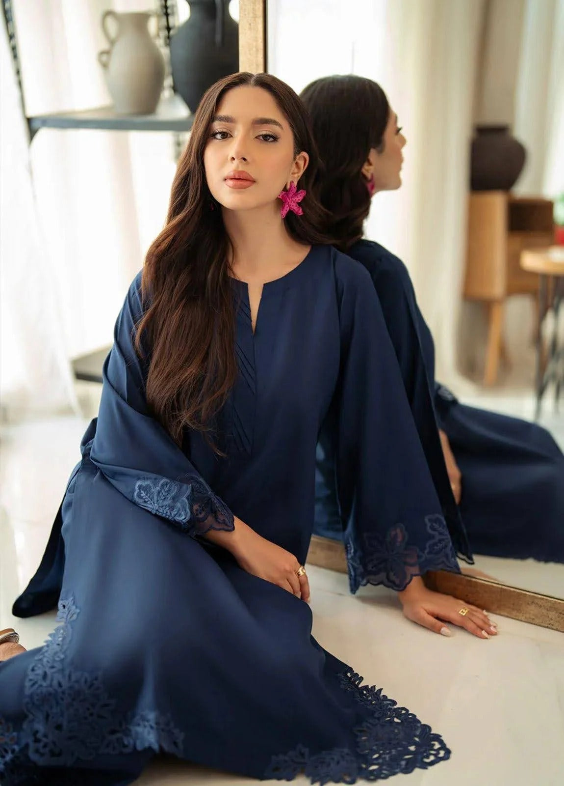 Star Blue Dhanak Outfit - back view - Pakistani Women's Suit | Alif Clothings