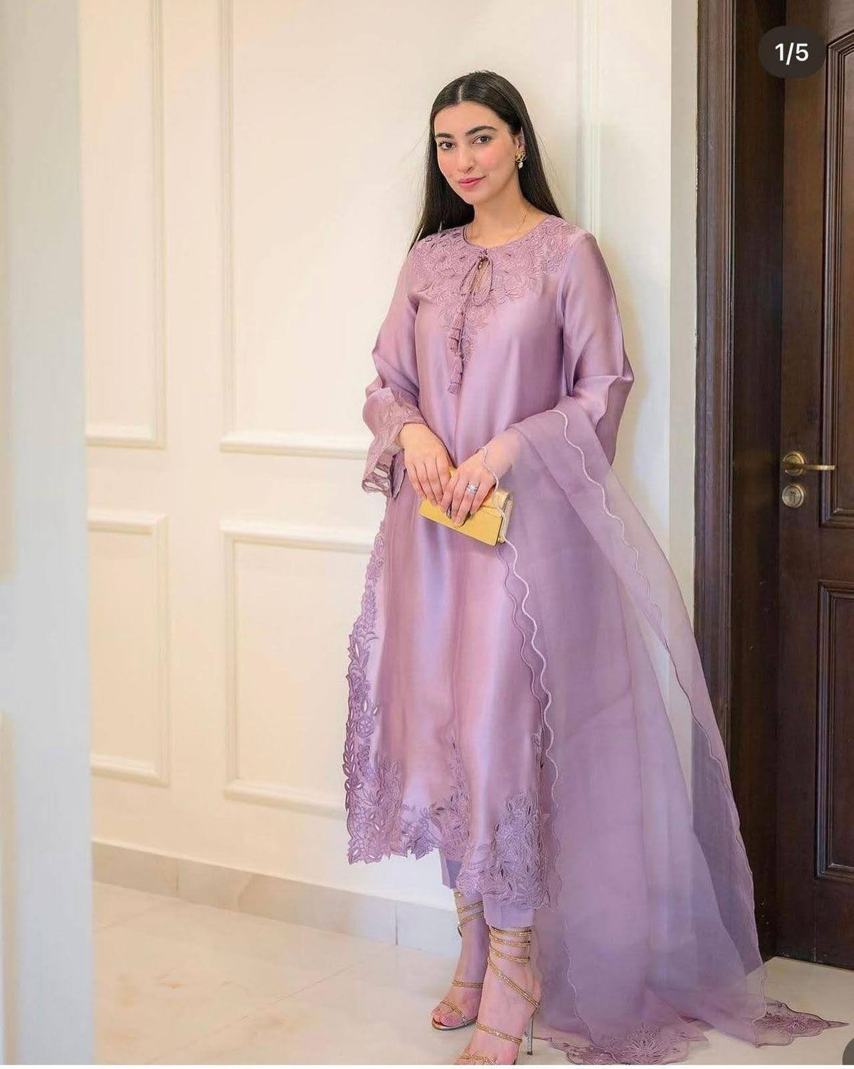 Lavender Bloom Sheesha Silk Ensemble - front view - Pakistani Women's Suit | Alif Clothings