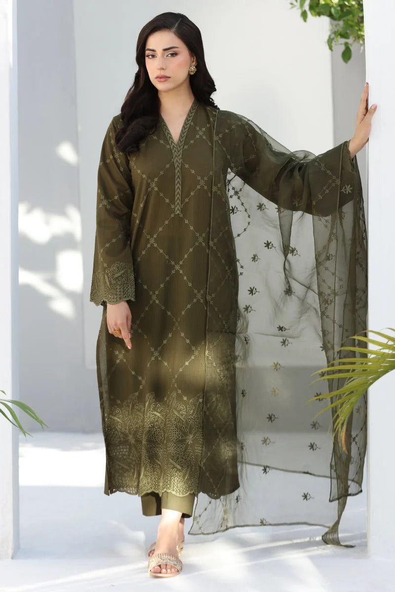 Olive Green 3PC - Olive Green Cambric 3 Piece Suit - Pakistani Women's Suit | Alif Clothings