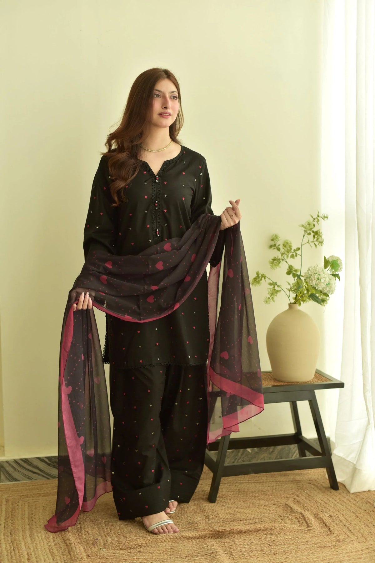 Black Hearts Farshi - front view - Pakistani Women's Suit | Alif Clothings