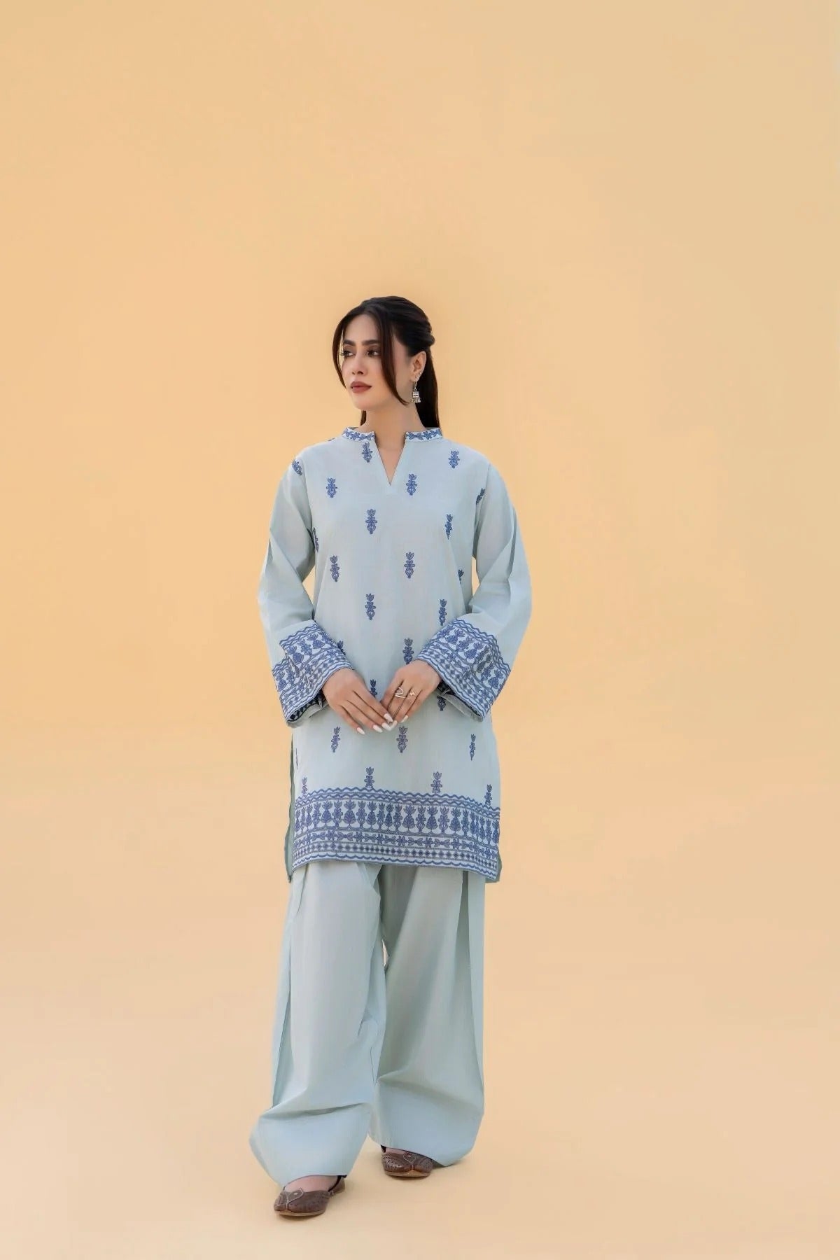 Sky Blue 2PC - close-up embroidery detail - Pakistani Women's Suit | Alif Clothings