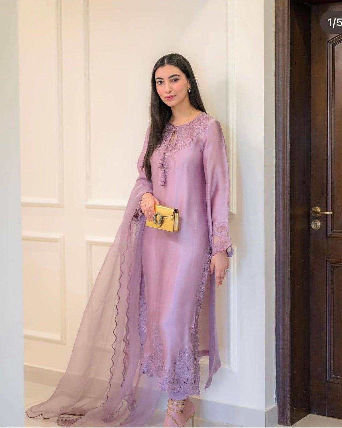 Lavender Bloom Sheesha Silk Ensemble - close-up embroidery detail - Pakistani Women's Suit | Alif Clothings