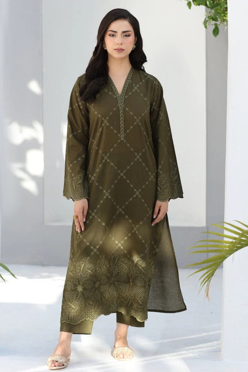 Olive Green 3PC - front view - Pakistani Women's Suit | Alif Clothings