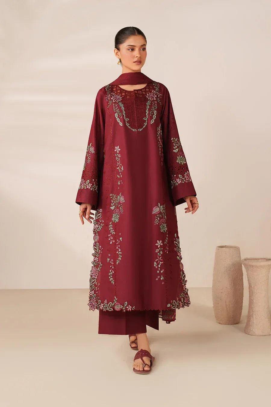 Mehak 3PC - Maroon 3 Piece Suit - Pakistani Women's Suit | Alif Clothings