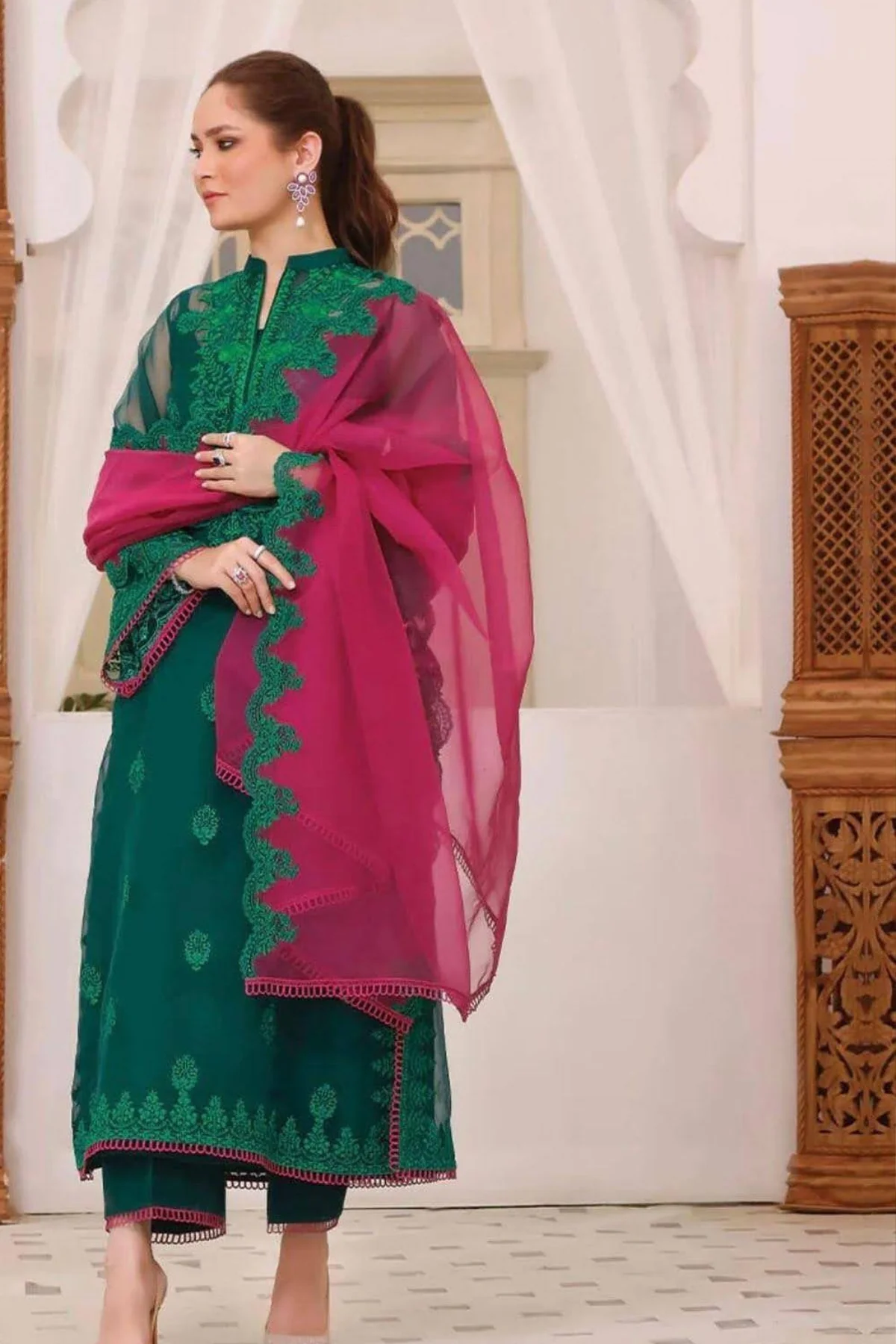 Jade Olive Luxury Pret - Embellished Organza Ensemble - Jade Olive 3 Piece Suit - Pakistani Women's Suit | Alif Clothings