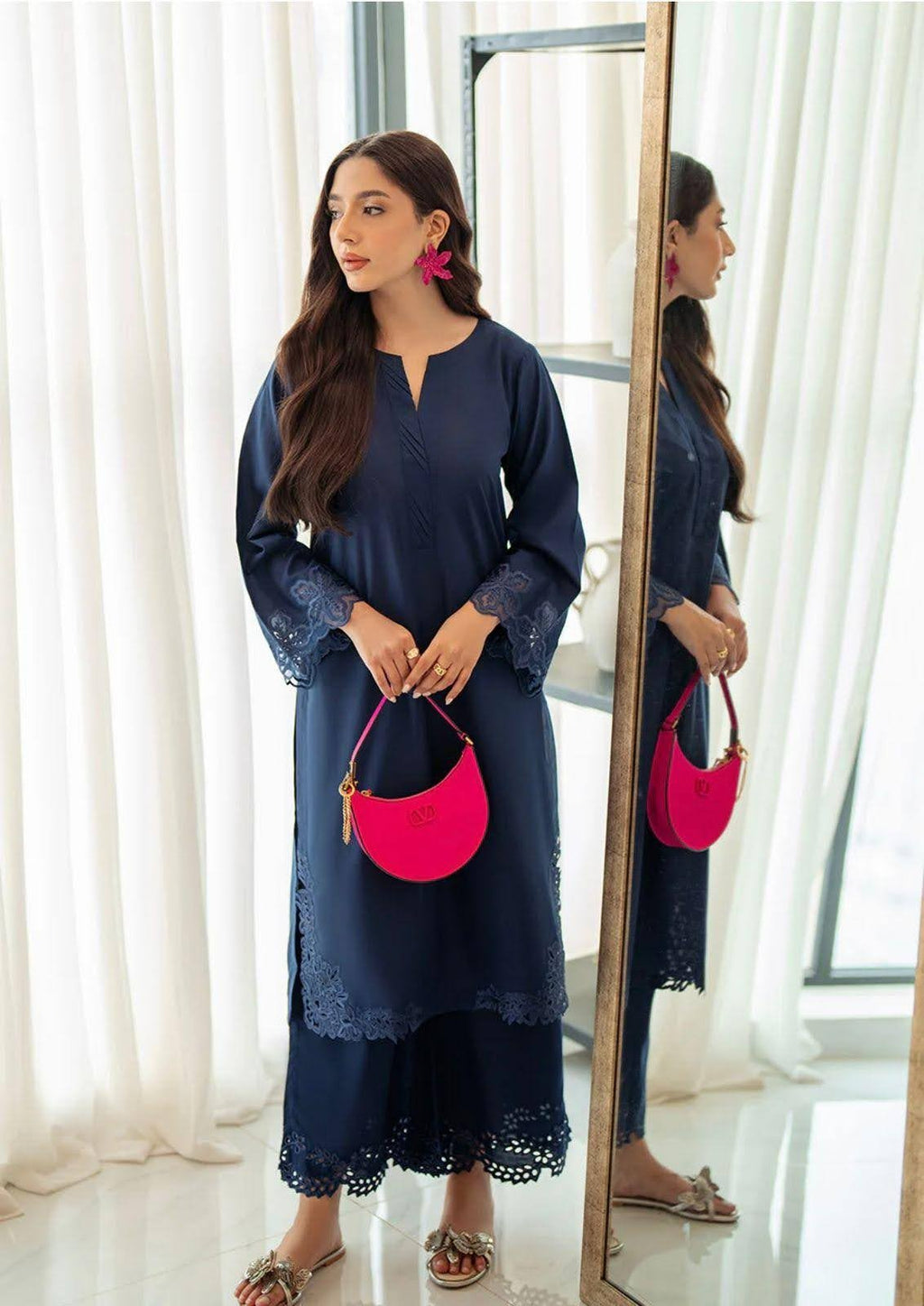 Star Blue Dhanak Outfit - close-up embroidery detail - Pakistani Women's Suit | Alif Clothings