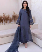 Elegant Grey Raw Silk Ensemble - front view - Pakistani Women's Suit | Alif Clothings