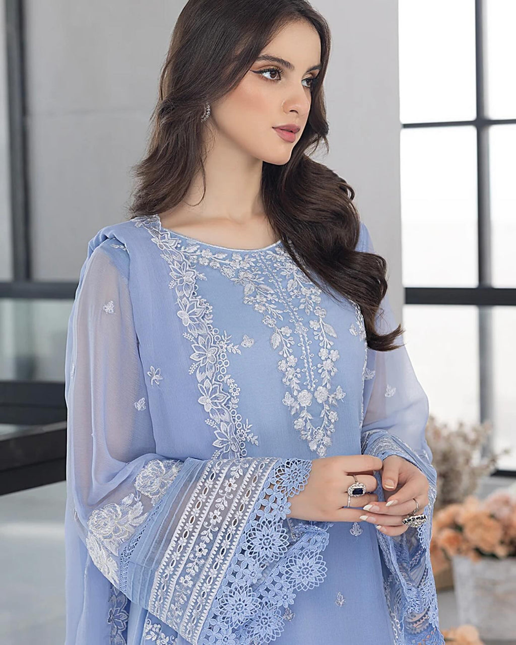 Fairy Glow Sky Blue Organza Ensemble - close-up embroidery detail - Pakistani Women's Suit | Alif Clothings