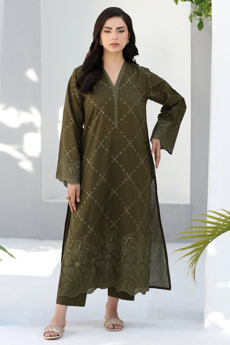 Olive Green 3PC - close-up embroidery detail - Pakistani Women's Suit | Alif Clothings