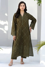 Olive Green 3PC - close-up embroidery detail - Pakistani Women's Suit | Alif Clothings
