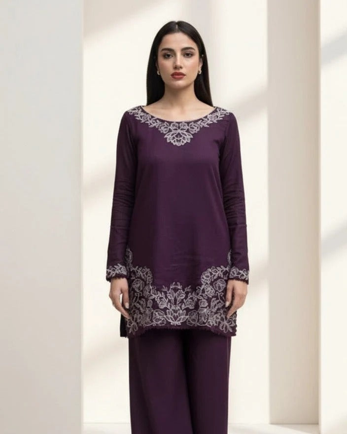 Winter Berry 3PC - close-up embroidery detail - Pakistani Women's Suit | Alif Clothings