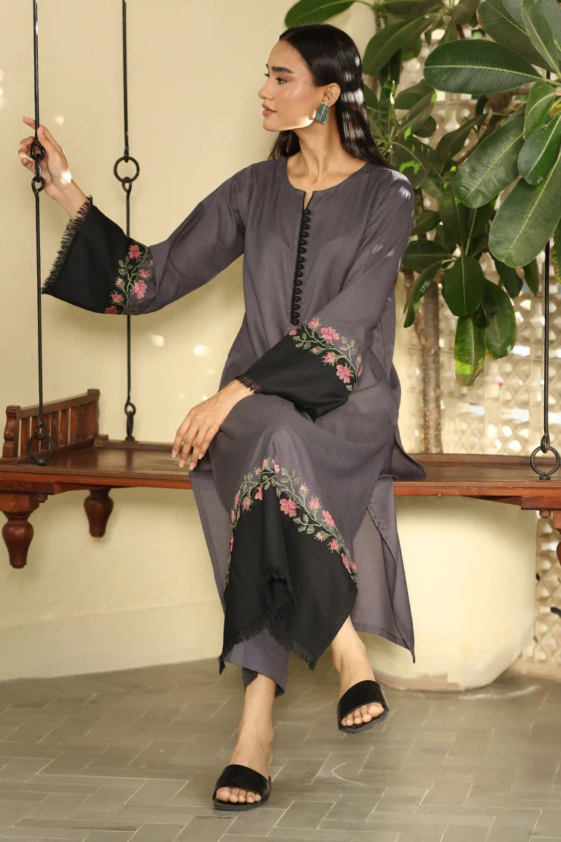 Grey - close-up embroidery detail - Pakistani Women's Suit | Alif Clothings