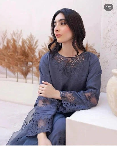 Elegant Grey Raw Silk Ensemble - close-up embroidery detail - Pakistani Women's Suit | Alif Clothings